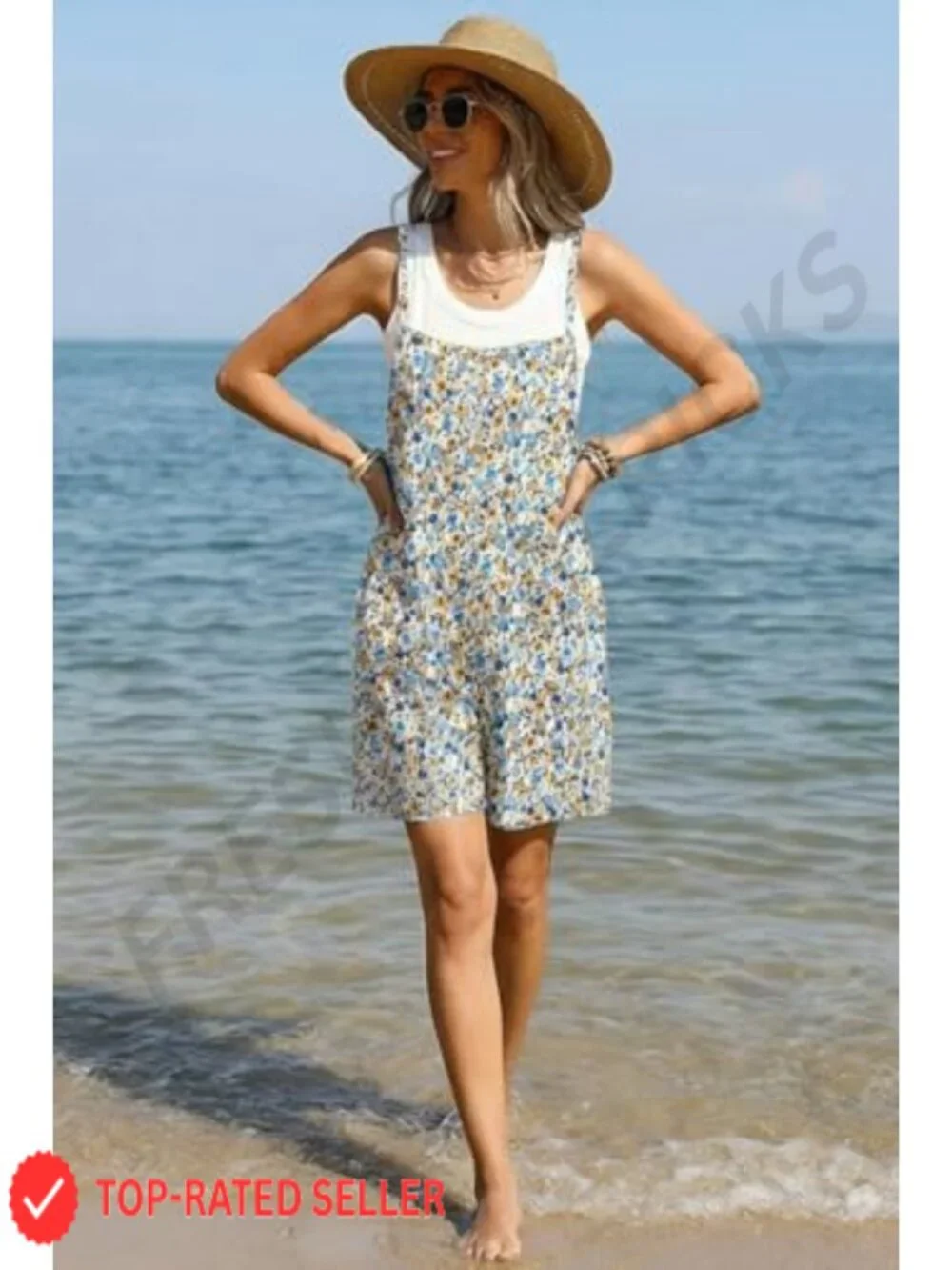 Floral Romper with Pockets Adjustable Straps Casual Summer Vacation Outfit